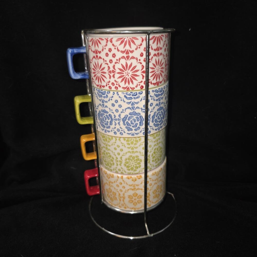 Mug Set of 4 w/ Stackable Stand Pier 1 Imports Floral Tile Print Stoneware